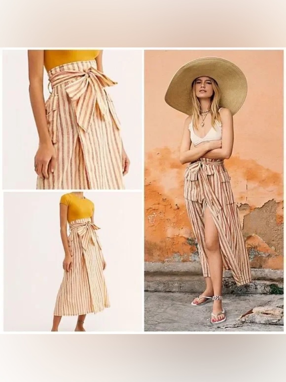 Free People One Natalia Striped Midi Skirt Yellow Rise Tie Waist small - Picture 1 of 7